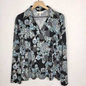 JM Collection XL Blouse Women Black Teal Paisley V-Neck Long Sleeve Stretch Top
